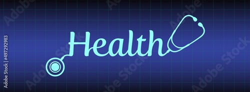Stethoscope icon vector on blue medical monitor background with health text . Healthcare symbol to use in health industry, cardiology, medical care, hospital, health science projects. 