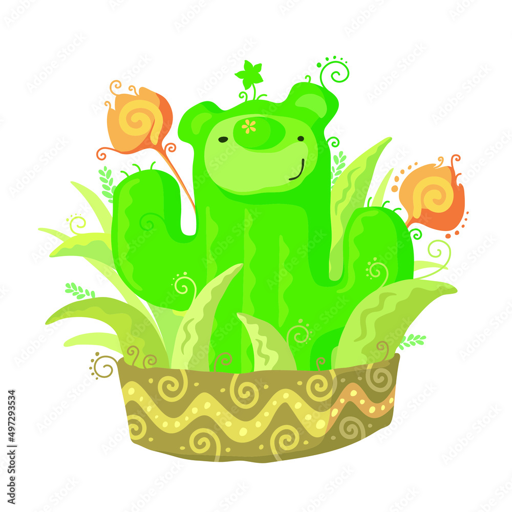 Fototapeta premium Cute bear playing cactus in pot 