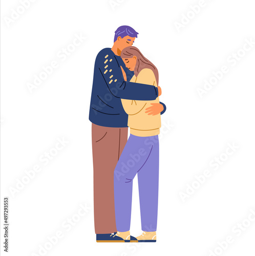 Sad couple hugging comforting each other vector illustration. People in sorrow embracing to support each other.