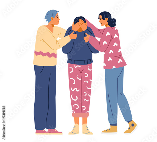 Man and woman hugging and comforting their friend flat vector illustration. Crying woman supported by relatives.