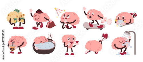 Brain Character With Emotion And Activity Set, Vector, Illustration