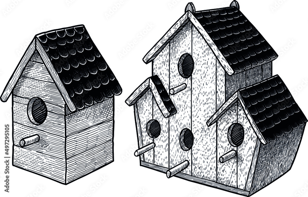 Birdhouse illustration, drawing, engraving, ink, line art, vector Stock