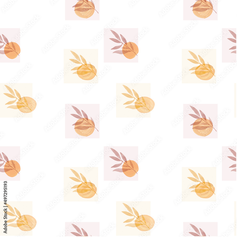 Seamless watercolor pattern of autumn leaves and geometric shapes