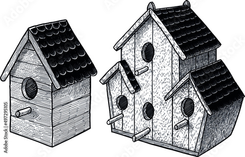 Fotomurale Birdhouse illustration, drawing, engraving, ink, line art, vector