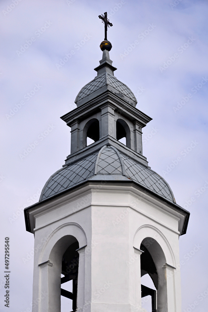 General view and architectural details of the chapel built in 1856 and the Catholic Church of the Blessed Virgin Mary in Kundzin in Podlasie, Poland.