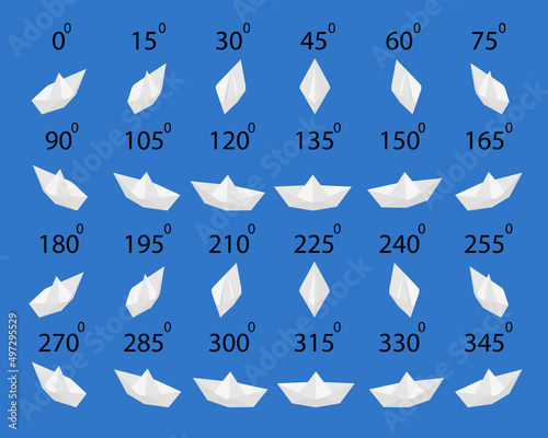 Set of paper boat in isometric. Rotation of the paper boat by 15 degrees for animation.