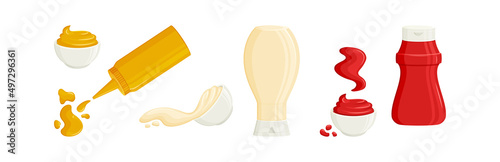 Sauce vector icon, ketchup, mustard and mayonnaise bottle and bowl, condiment splash and dressing, cartoon bbq set isolated on white background. Packaging spicy seasoning illustration