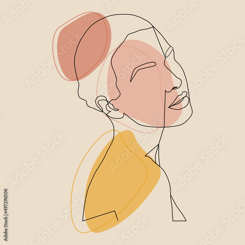 Girl. The face is a line and colored spots. Abstract poster with minimal female face. The style of drawing a single line.