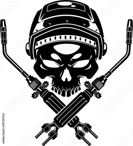 human skull with welding mask and crossed welding torches