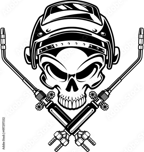 human skull with welding mask and crossed welding torches