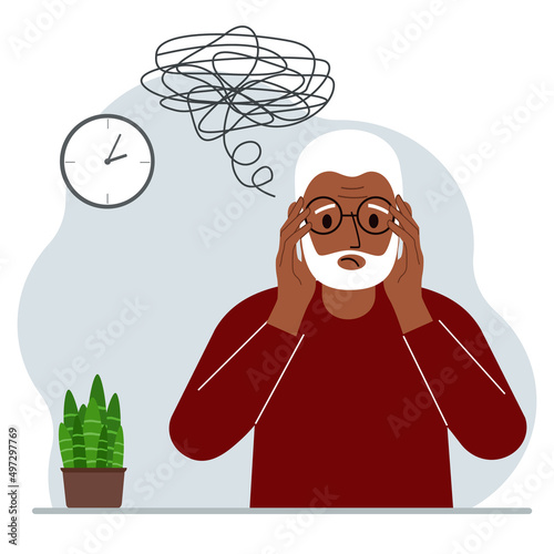 Bad thoughts concept. A grandfather feels depressed with thoughts after negative events, unhappy, suffering, sadness, depression.