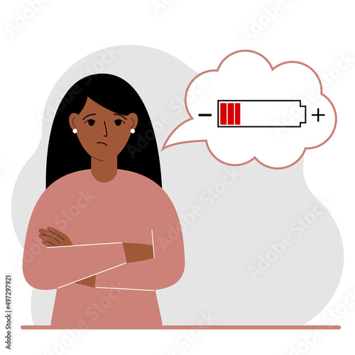 Conceptual illustration of low battery. Sad woman thinks about charging.