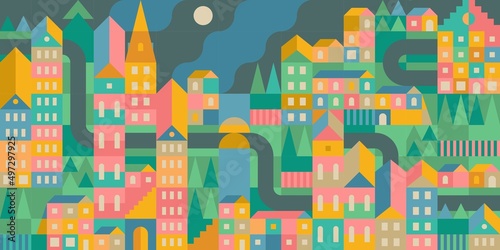 Seamless Abstract Night Urban Vector Bauhaus Swiss Geometric City Pattern Design Background 