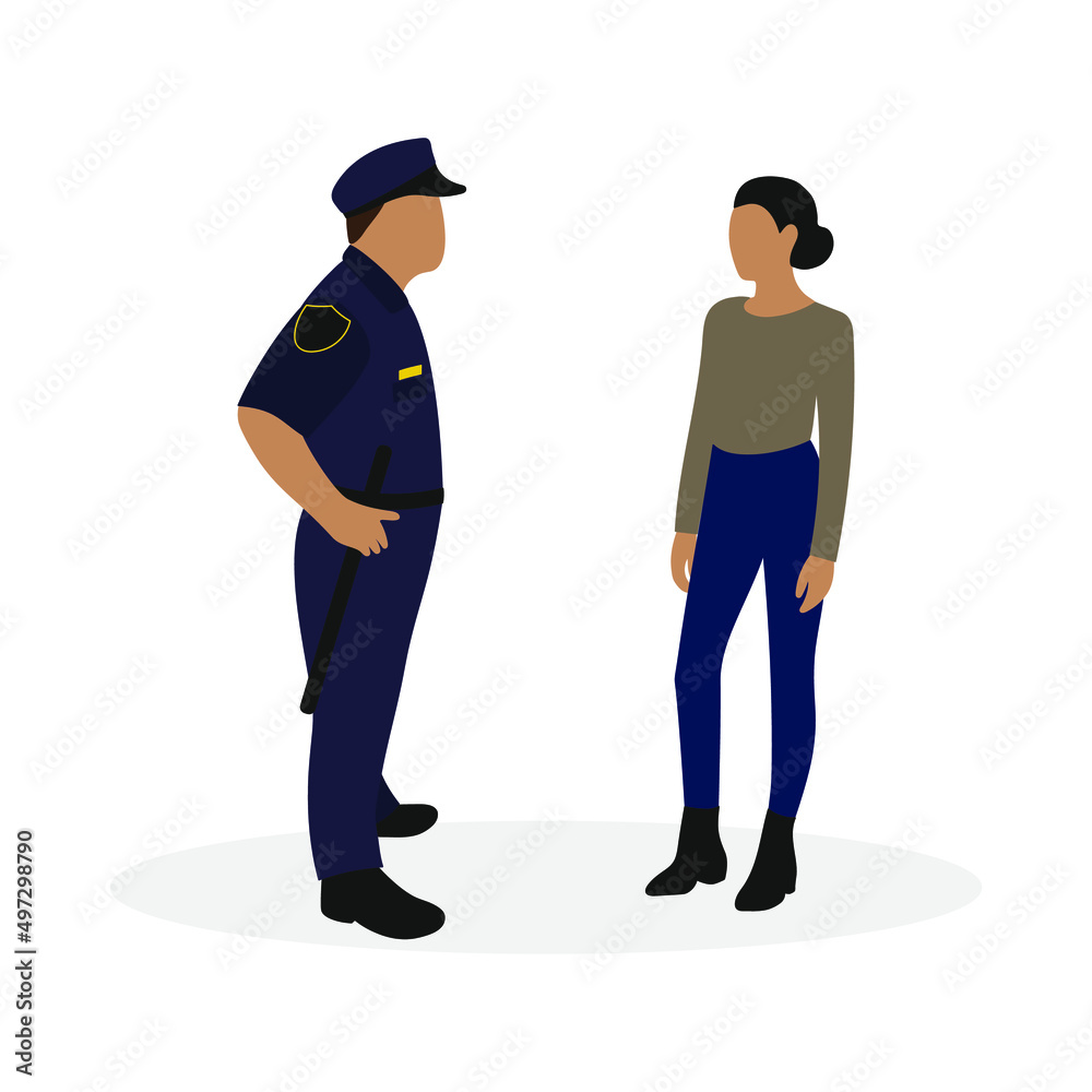 Policeman in uniform and female character together on white background Policeman in uniform and female character together on white background