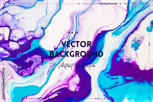 Fluid art texture. Background with abstract iridescent paint effect. Liquid acrylic artwork with beautiful mixed paints. Can be used for interior poster. Blue, purple and white overflowing colors.