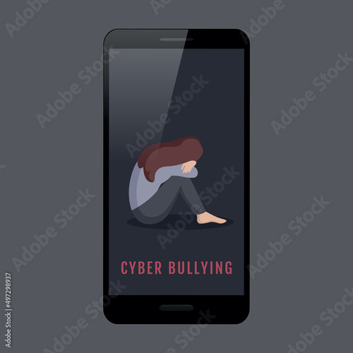 cyber bullying depressed girl sitting alone in a smartphone