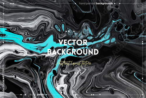 Fluid art texture. Abstract backdrop with swirling paint effect. Liquid acrylic artwork with flows and splashes. Mixed paints for background or poster. Black, white and azure overflowing colors.