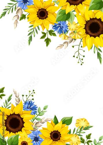 Greeting or invitation card design with blue and yellow sunflowers, dandelion flowers, cornflowers, ears of wheat, and green leaves. Vector illustration