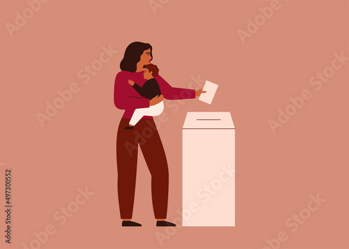 Mother holds baby putting election ballot into box on voting station. Woman with child go vote. Vector illustration