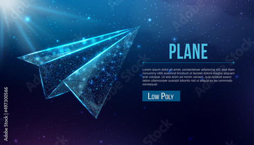 Polygonal paper plane. Business startup, innovation, growth, travel, way forward freedom concept. Wireframe low poly plane. Vector illustration