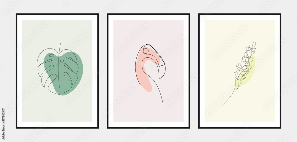 Set of trendy posters with tropical illustration in one line style.
