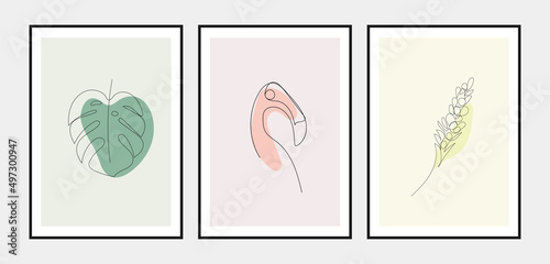 Set of trendy posters with tropical illustration in one line style.