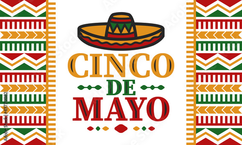 Cinco de Mayo in Mexico. Traditional mexican fiesta in May. National happy holiday with carnival, festival and parade. Latin american and spanish pattern. Illustration with sombrero. Vector poster