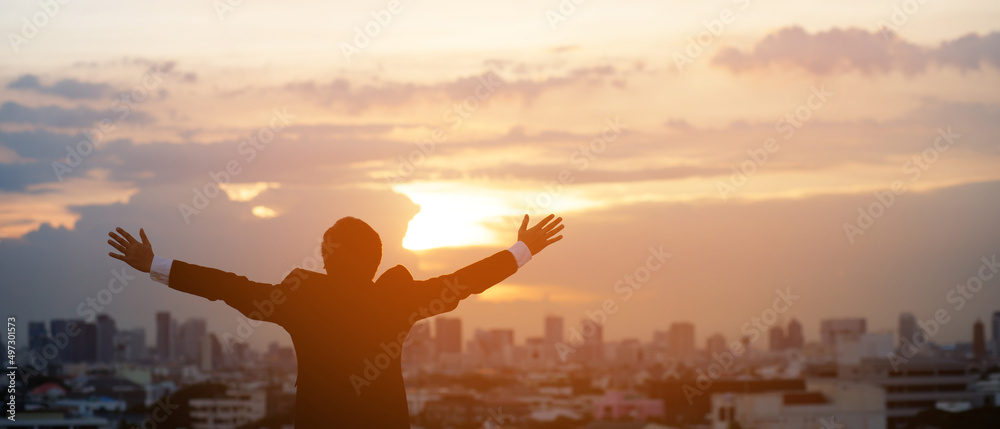 Fototapeta premium silhouette hand raised fist business man with sun lighting in morning. background city, success, grow up.