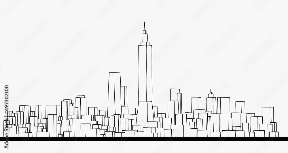 Modern cityscape skyline outline doodle drawing on white background.