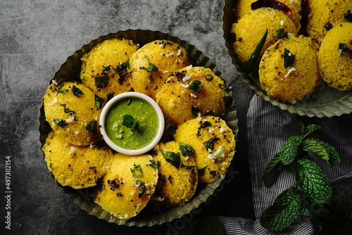 Idli Dhokla - Gluten free gujarati steamed breakfast with chickpea flour photo