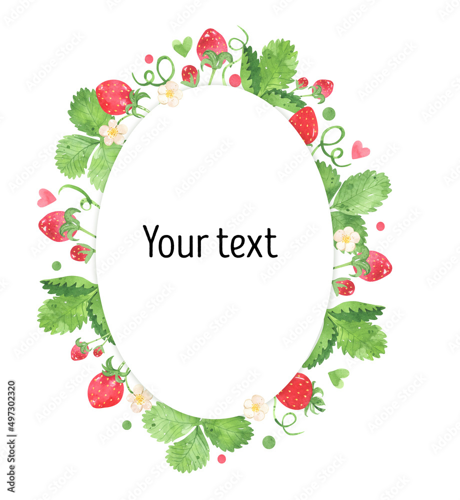 Juicy strawberry watercolor design frame and wreath. Bright red berries and green leaves, strawberry flowers. Summer botanical illustration. For packages, cards, logo. Summer sweet bright berries Juicy strawberry watercolor design frame and wreath. Bright red berries and green leaves, strawberry flowers. Summer botanical illustration. For packages, cards, logo. Summer sweet bright berries