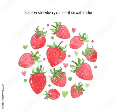 Juicy strawberry watercolor comositions. Bright red berries cute strawberry. Summer botanical illustration. For packages, cards, logo. Summer sweet and bright fruits and berries. Isolated on white