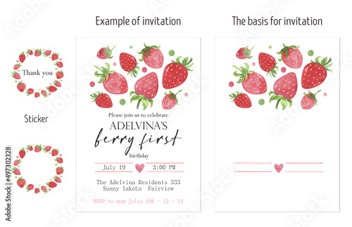 Juicy strawberry watercolor invitation card layout.  Bright red berries cute strawberry. Summer illustration. For packages, cards. Summer sweet berries. Baby shower, birthday invitation card.
