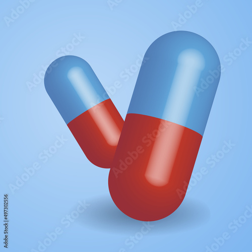 two blue-red medical pills. Medicines for diseases, new pharmacological developments. 3d design on a blue background