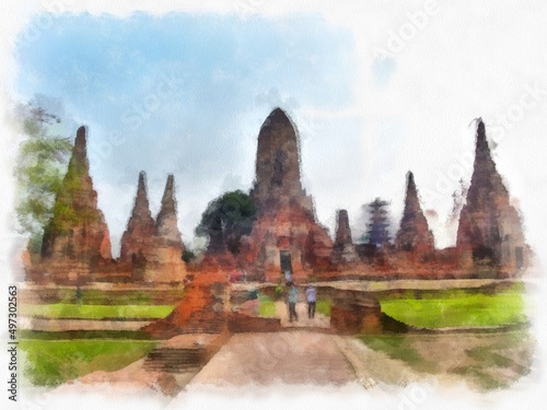 Landscape of ancient ruins in Ayutthaya World Heritage watercolor painting impressionist painting.
