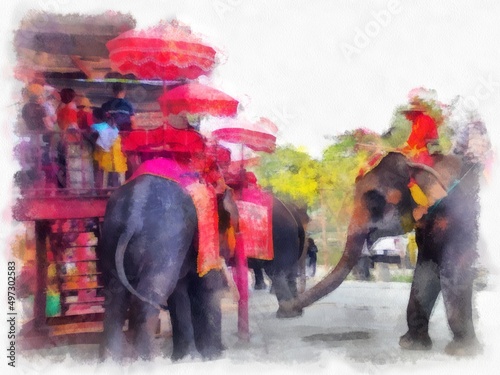 Elephants for transporting tourists in Ayutthaya in Thailand watercolor style illustration impressionist painting.