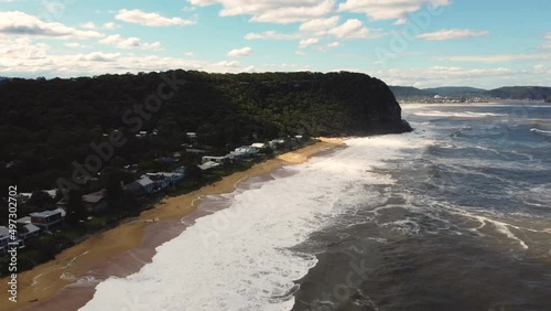 Drone aerial shot of housing along sandy beach in Pearl Beach rural town Umina Point Hawkesbury River Central Coast tourism NSW Australia 4K photo