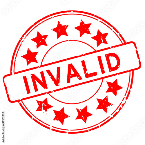 Grunge red invalid word with star icon round rubber seal stamp on white background