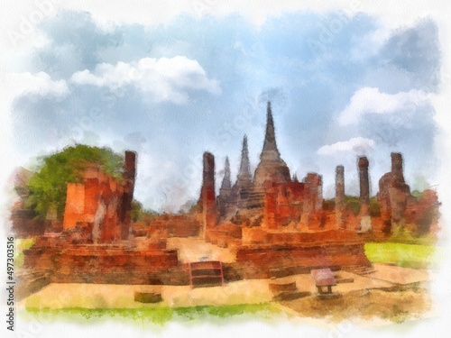 Landscape of ancient ruins in Ayutthaya World Heritage watercolor painting impressionist painting.