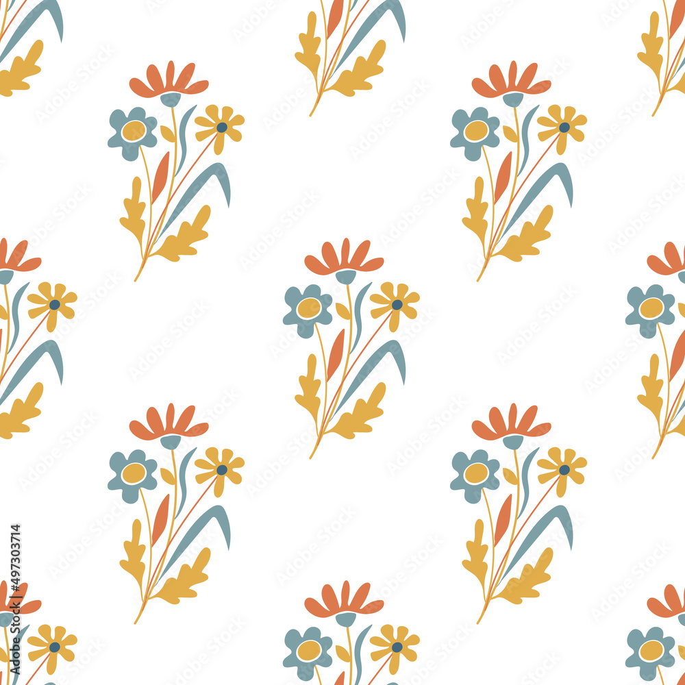 Modern abstract flowers seamless pattern. Blue, yellow and terracotta boho floral vector illustration.