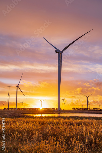 A group wind turbines silhouetted against a colourful sunset sky photo