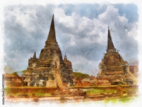 Landscape of ancient ruins in Ayutthaya World Heritage watercolor painting impressionist painting.