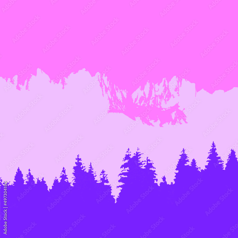 Square background in pink and violet tones, silhouettes of fir trees, mountains, sky. Suitable for social media posting and online advertising