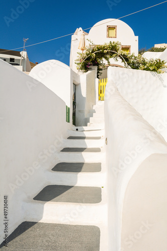 Typical architecture of Pyrgos, the most picturesque village of Santorini. Cyclades Islands, Greece