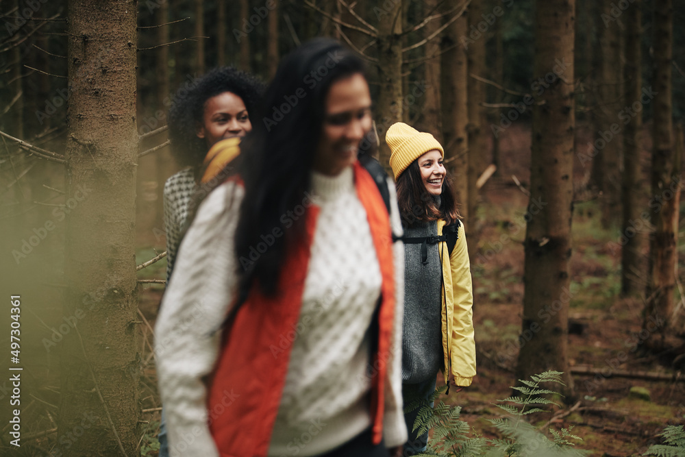 Smiling friends hiking along a forest trail