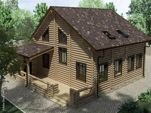 3d render of an architectural project of a wooden house from a log house in the forest. Two story house with a brown roof.