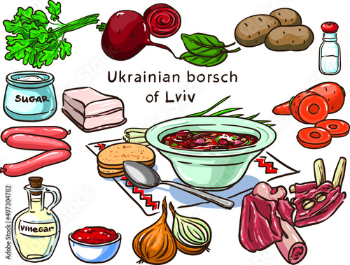 Ukrainian borsch of Lviv vector set ingredients