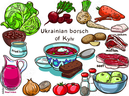 Ukrainian borsch of Kyiv vector set ingredients