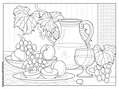 Summer still life with grapes and peaches. Coloring book for children and adults. Image in zentangle style. Printable page for drawing and meditation. Black and white vector illustration.