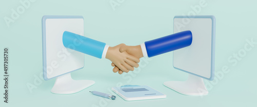 Partnership handshake to business success online via computer, virtual deal with distant online agreement,business online contract concept, negotiation of electronic contract partnership,3d render